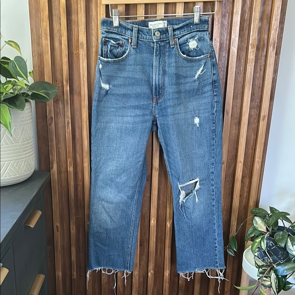 Abercrombie & Fitch Distressed Straight Leg Jeans - Medium Blue